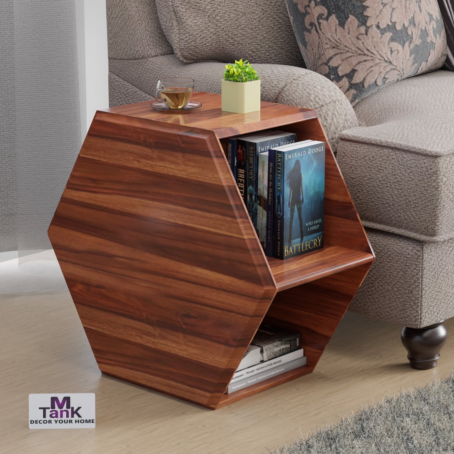 MTANK Solid Sheesham Wood Center Table| Wooden Coffee & Center Table Side Table with 2 Open Storage Box| (6 Corner)