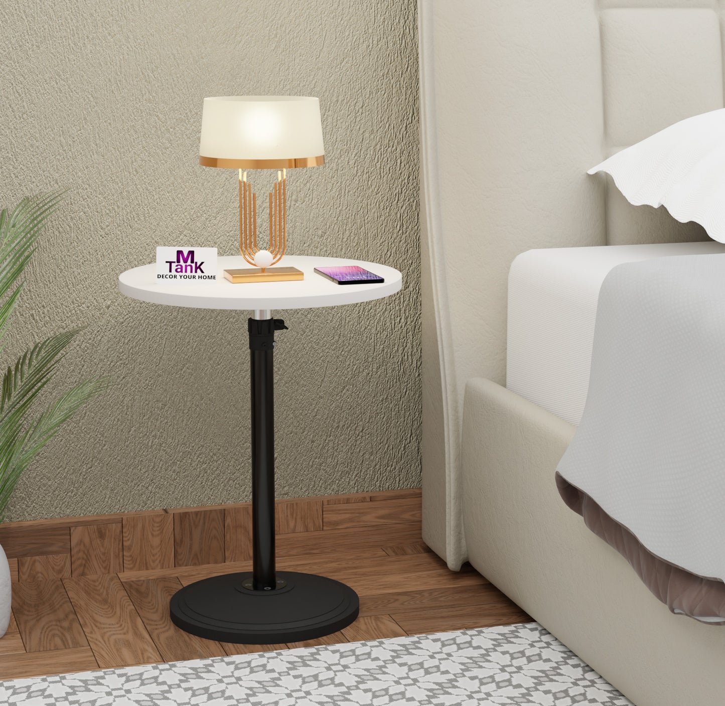 MTANK Adjustable Height Side Table for Sofa & Bed | Multipurpose Round Coffee Table with Metal Base for Bedroom, Livingroom|