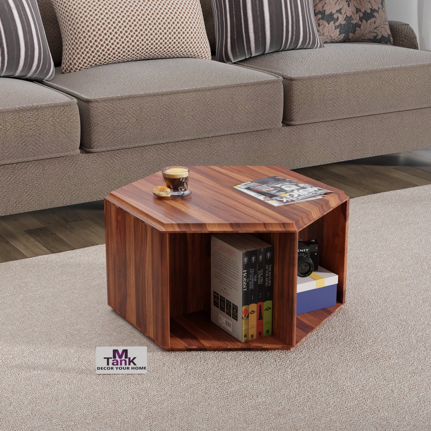 MTANK Solid Sheesham Wood Center Table| Wooden Coffee & Center Table Side Table with 2 Open Storage Box| (6 Corner)