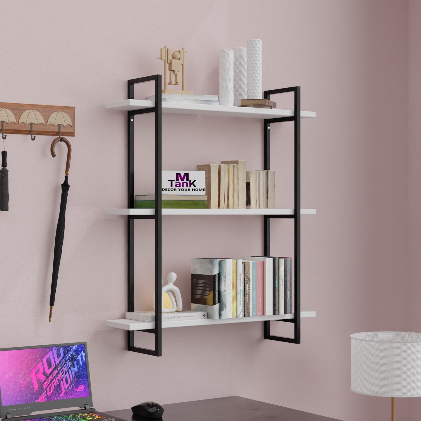 MTANK 3-Tier Floating Wall Shelf For Wall Décor & Storage| Wall Shelf For Bedroom, Living Room, Kitchen| (White Hook)