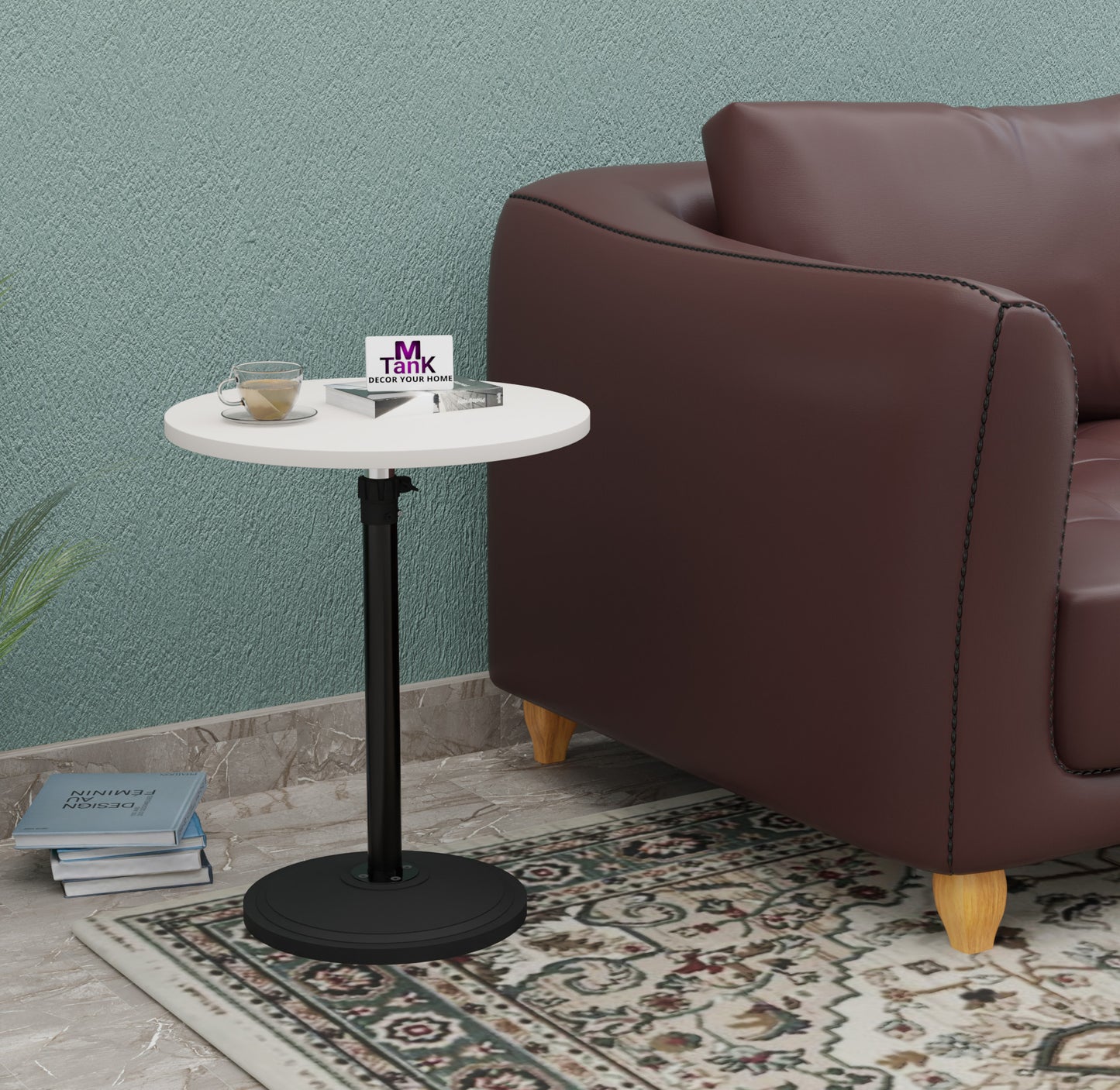 MTANK Adjustable Height Side Table for Sofa & Bed | Multipurpose Round Coffee Table with Metal Base for Bedroom, Livingroom|