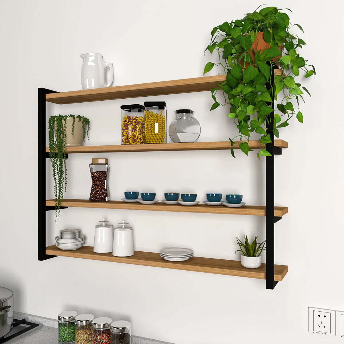 MTANK Wooden Floating Wall Shelf For Kitchen| Contemporary Design| Rustic Wood Wall Shelf Set Of 4 Tier| (Wall shelf-4)