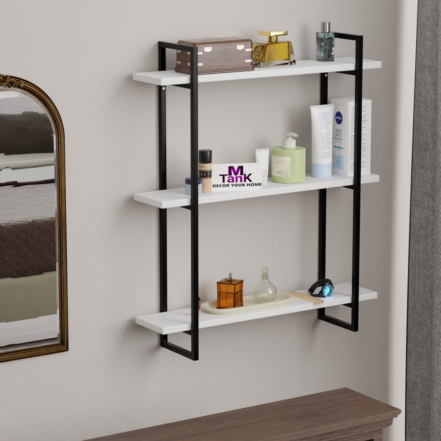 MTANK 3-Tier Floating Wall Shelf For Wall Décor & Storage| Wall Shelf For Bedroom, Living Room, Kitchen| (White Hook)