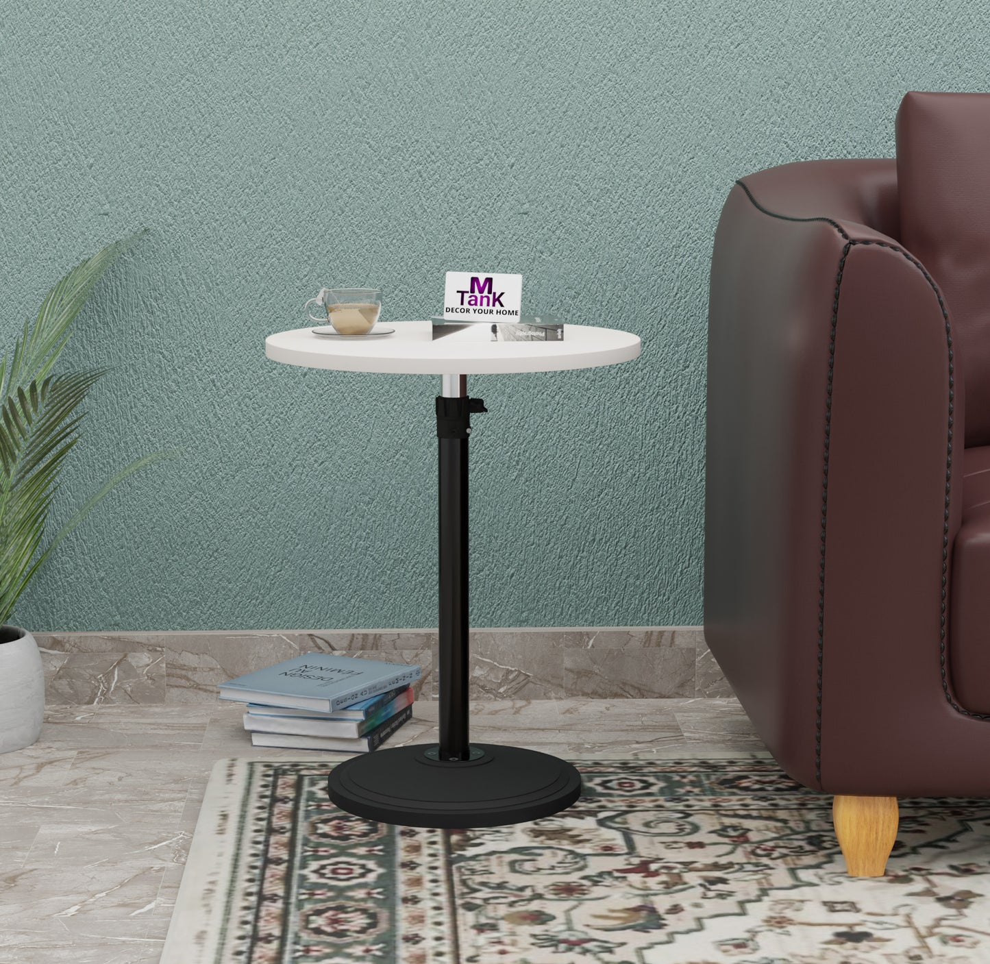 MTANK Adjustable Height Side Table for Sofa & Bed | Multipurpose Round Coffee Table with Metal Base for Bedroom, Livingroom|