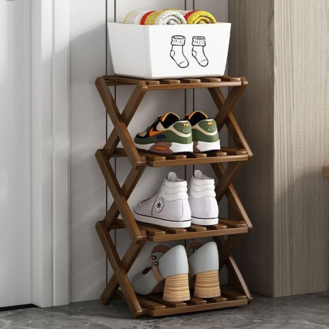 MTANK Wooden Foldable Shoes Rack & Plant Stand| Wooden Rack For Home & Garden| Modern 4 Layer Corner Decor Stand| (Shoe rack)