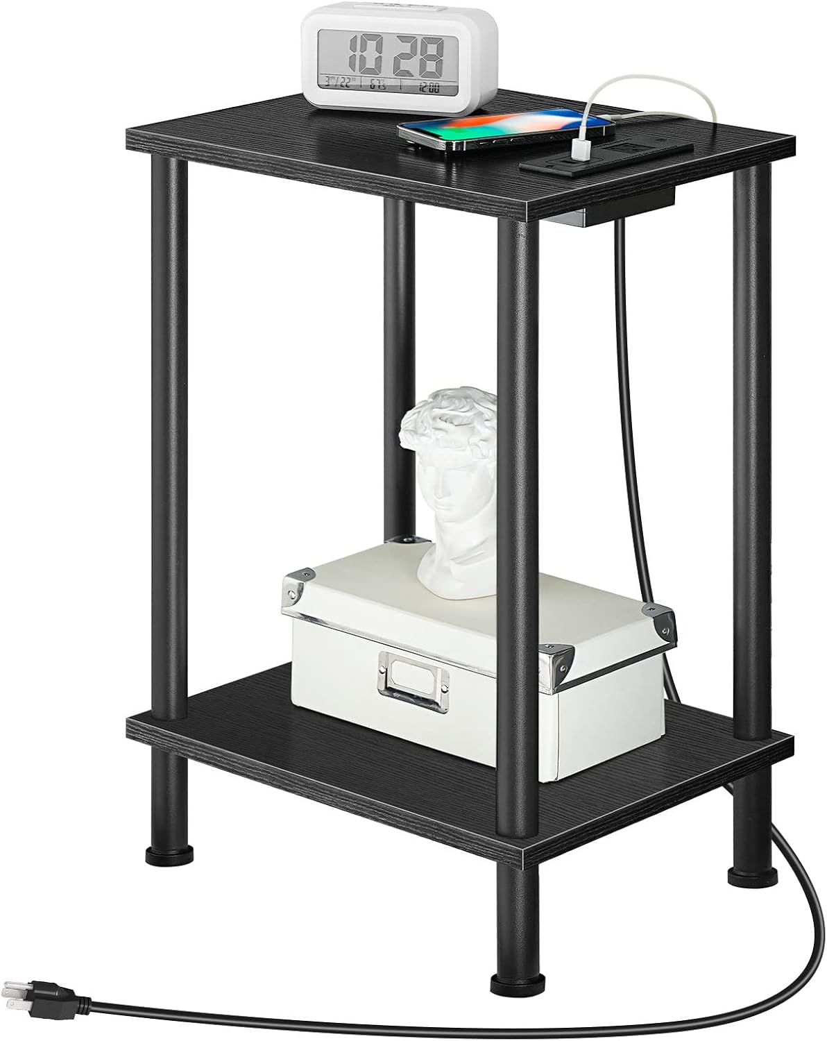 MTANK Black Sofa side End Table with Charging Port—2 Tier Small Couch Table with Open Storage Shelf with USB Ports and Outlets||