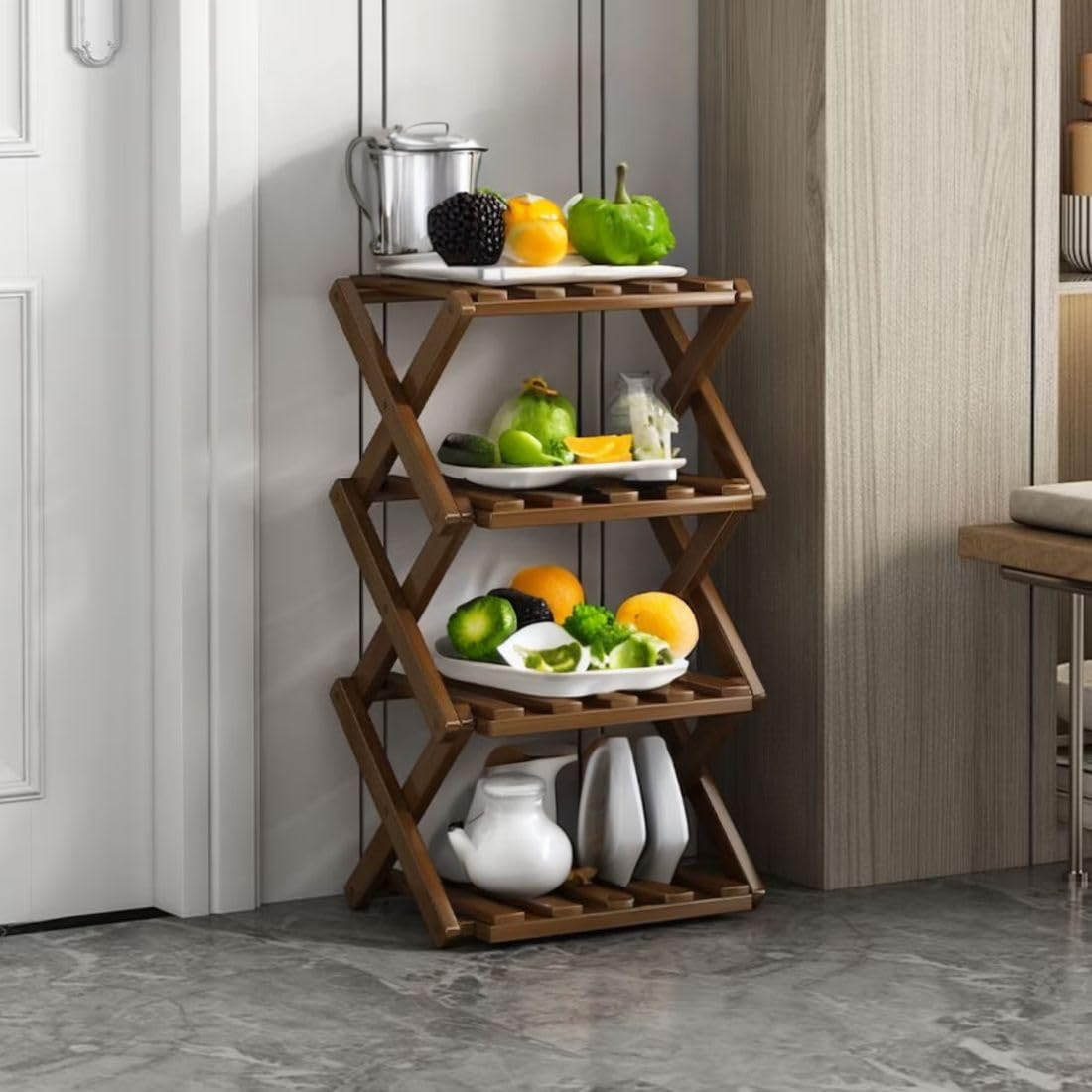 MTANK Wooden Foldable Shoes Rack & Plant Stand| Wooden Rack For Home & Garden| Modern 4 Layer Corner Decor Stand| (Shoe rack)