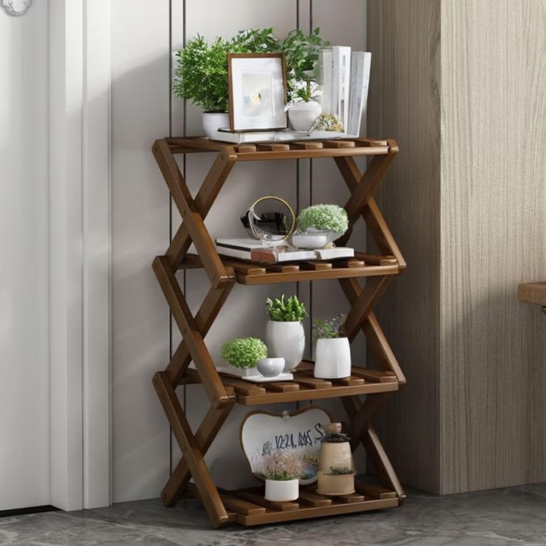 MTANK Wooden Foldable Shoes Rack & Plant Stand| Wooden Rack For Home & Garden| Modern 4 Layer Corner Decor Stand| (Shoe rack)