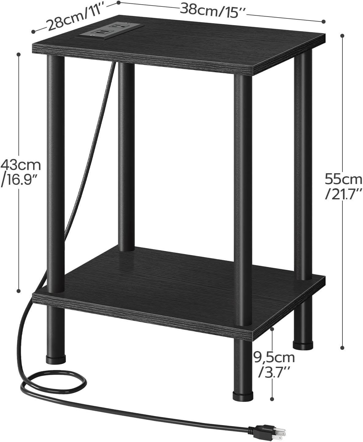 MTANK Black Sofa side End Table with Charging Port—2 Tier Small Couch Table with Open Storage Shelf with USB Ports and Outlets||
