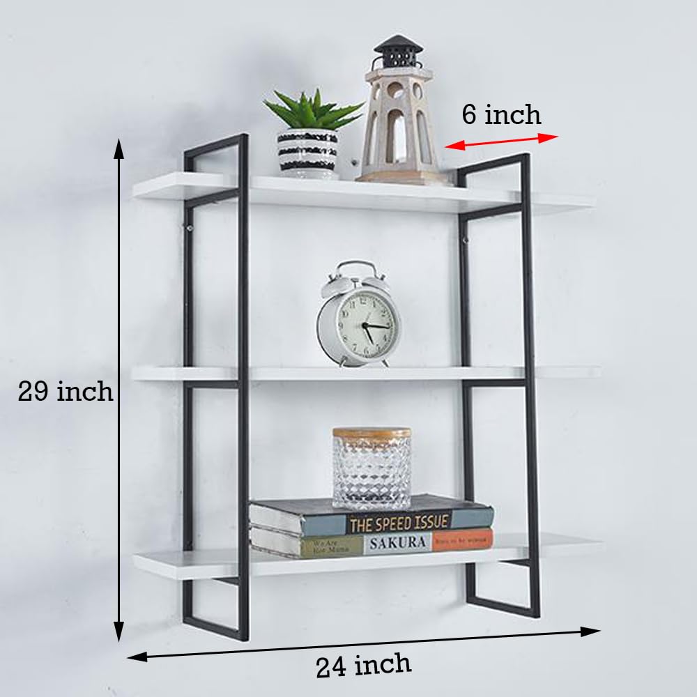 MTANK 3-Tier Floating Wall Shelf For Wall Décor & Storage| Wall Shelf For Bedroom, Living Room, Kitchen| (White Hook)