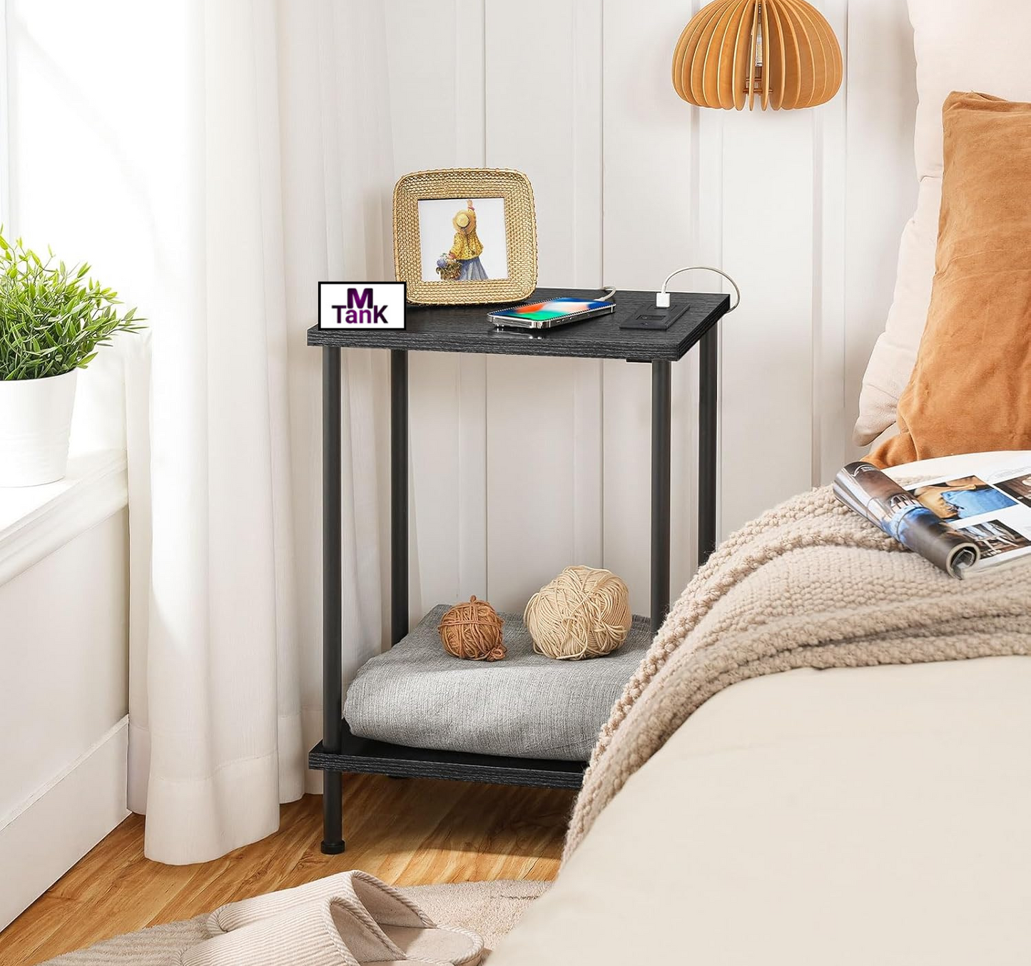 MTANK Black Sofa side End Table with Charging Port—2 Tier Small Couch Table with Open Storage Shelf with USB Ports and Outlets||