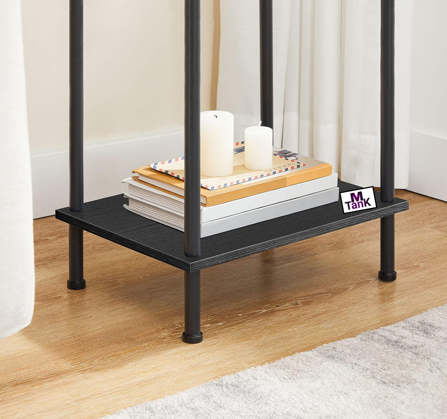 MTANK Black Sofa side End Table with Charging Port—2 Tier Small Couch Table with Open Storage Shelf with USB Ports and Outlets||