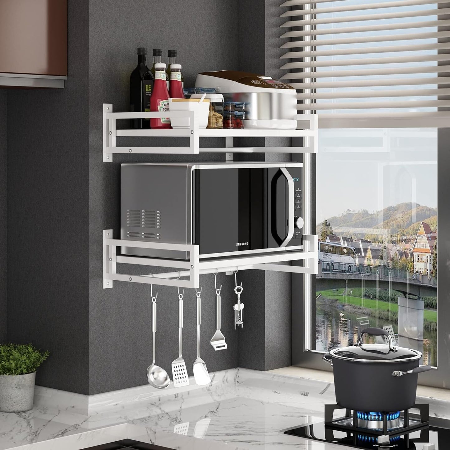 MTANK Wall Mount Microwave Oven Stand – Industrial Wooden & Metal Shelf for Kitchen Storage, Oven & Toaster ||