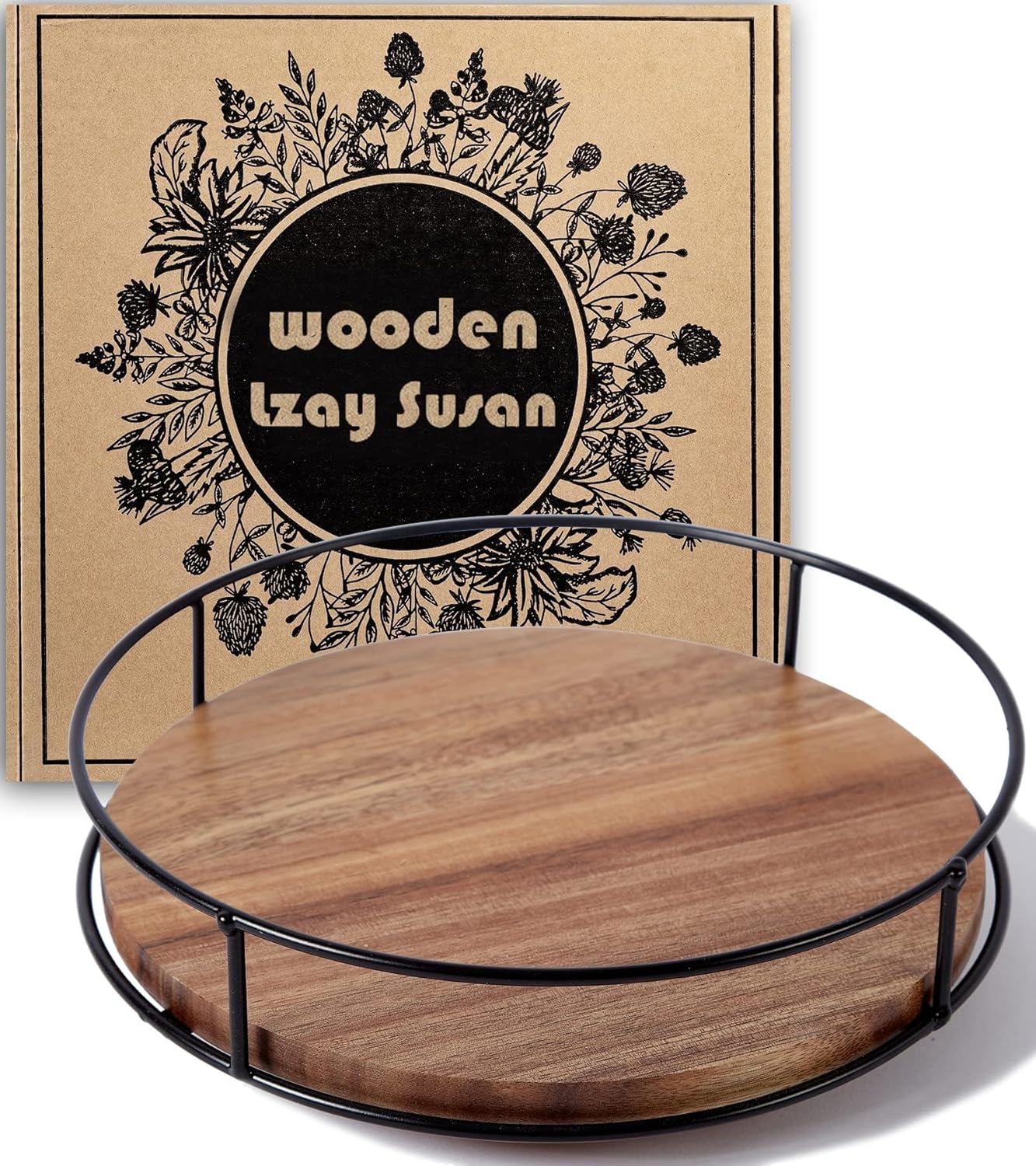 MTANK Lazy Susan Turntable Organizer – 12 Inch Wood & Metal Kitchen Storage Tray for Cabinet, Pantry & Tabletop Rotation|