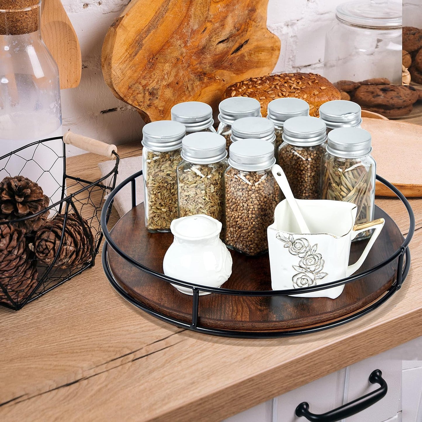 MTANK Lazy Susan Turntable Organizer – 12 Inch Wood & Metal Kitchen Storage Tray for Cabinet, Pantry & Tabletop Rotation|