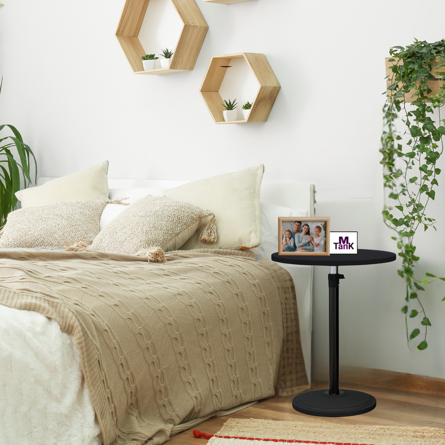 MTANK Adjustable Height Side Table for Sofa & Bed | White Multipurpose Round Coffee Table with Metal Base for Livingroom|