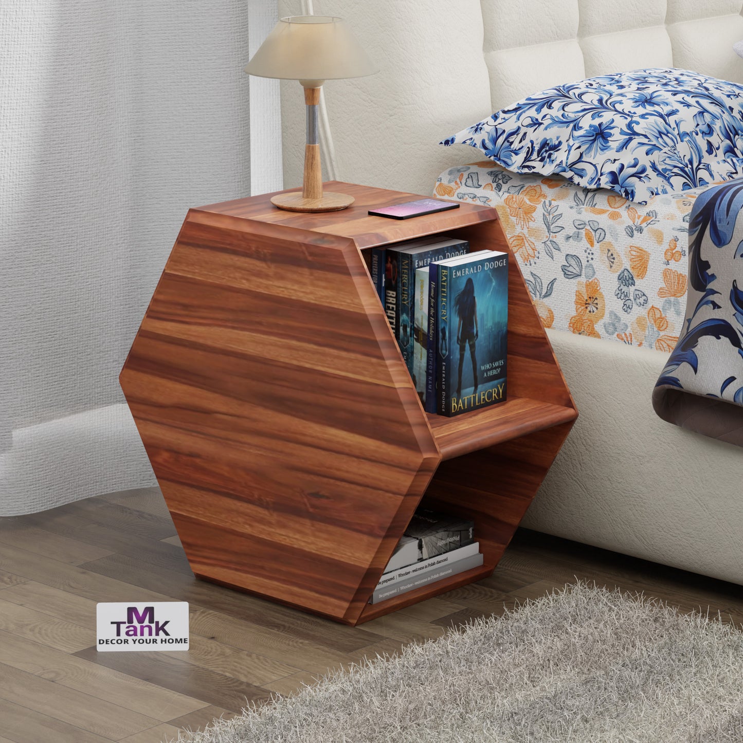 MTANK Solid Sheesham Wood Center Table| Wooden Coffee & Center Table Side Table with 2 Open Storage Box| (6 Corner)