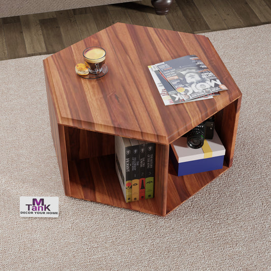 MTANK Solid Sheesham Wood Center Table| Wooden Coffee & Center Table Side Table with 2 Open Storage Box| (6 Corner)