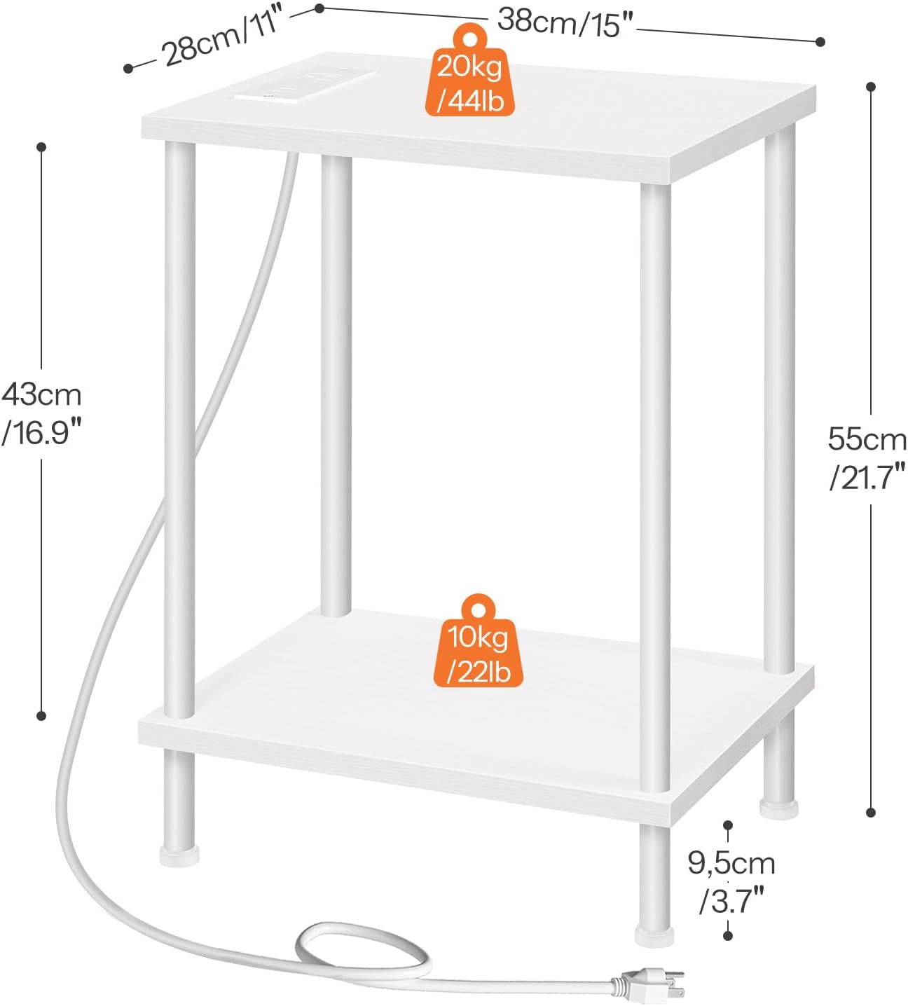 MTANK White Bedside End Table with Charging Port—2 Tier Small Nightstand with Open Storage Shelf with USB Ports and Outlets||