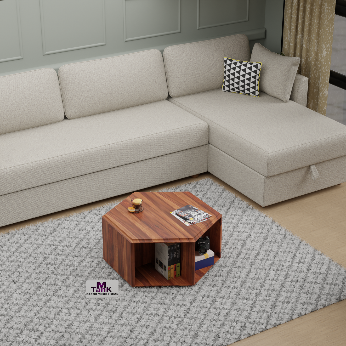 MTANK Solid Sheesham Wood Center Table| Wooden Coffee & Center Table Side Table with 2 Open Storage Box| (6 Corner)