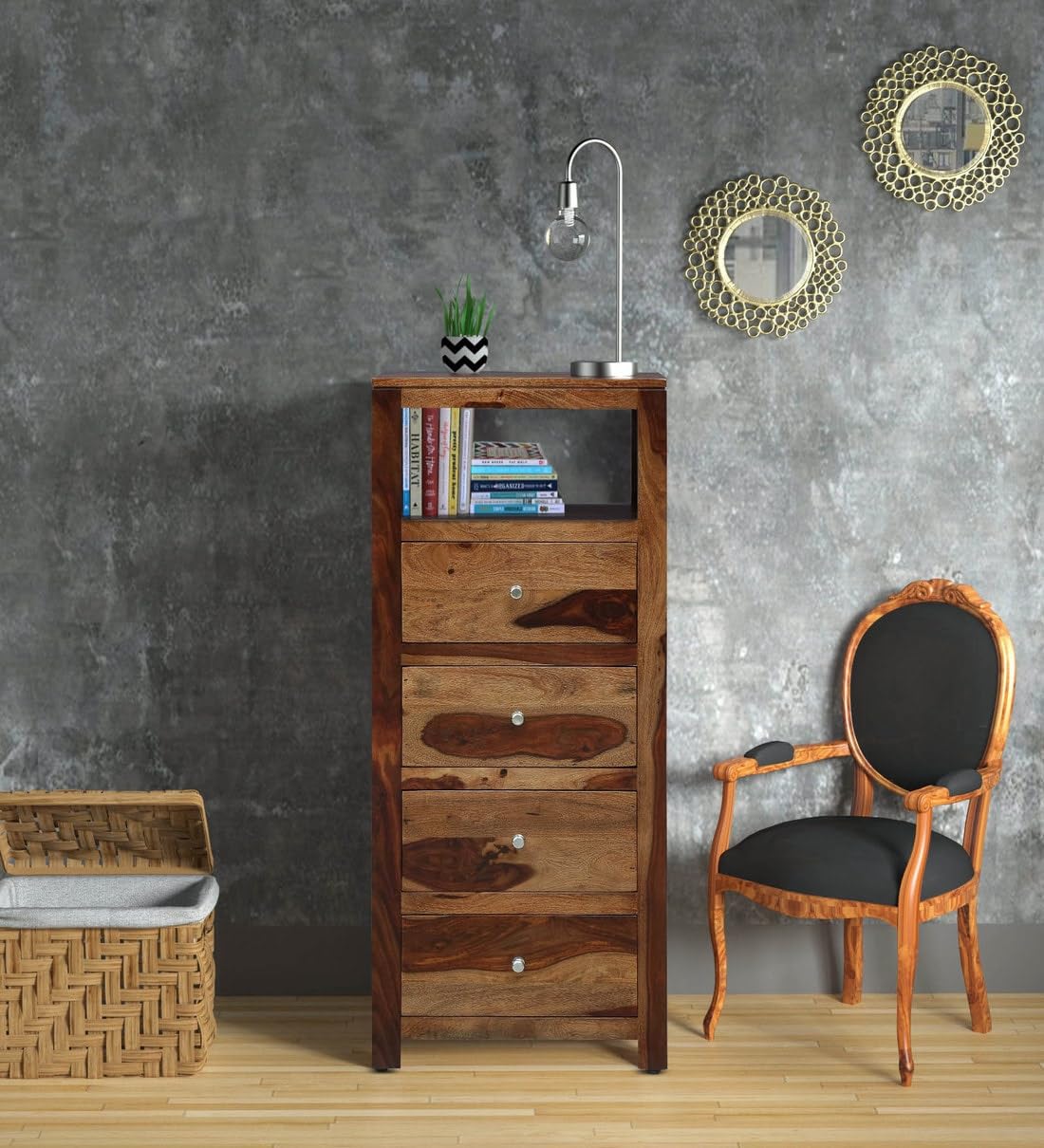MTANK Solid Sheesham Wood Cabinet for Storage | Wooden Chest of Drawer For Kitchen and Home with 4 Drawers | (Natural Brown)
