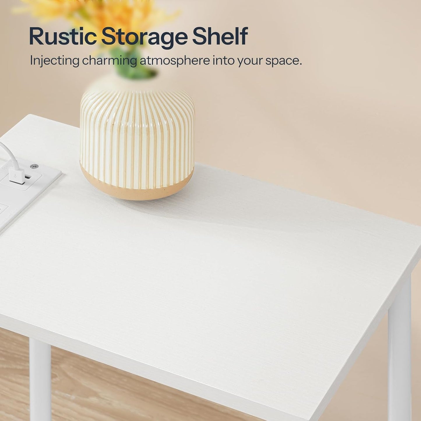 MTANK White Bedside End Table with Charging Port—2 Tier Small Nightstand with Open Storage Shelf with USB Ports and Outlets||