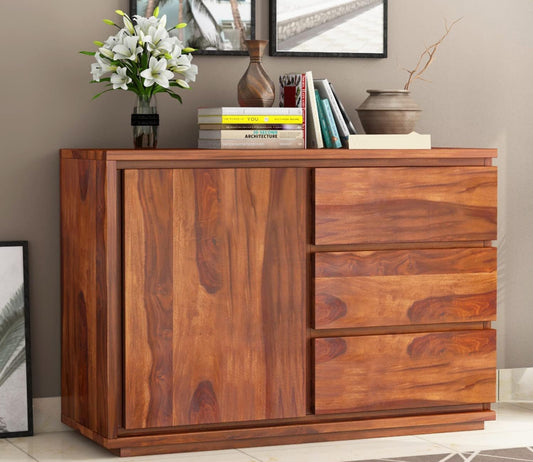 MTANK Solid Sheesham Wood Sideboard Cabinet| Chest of Drawers with 3 Drawer with Storage| Luxury Multipurpose Storage Cabinet| (Teak Finish)|
