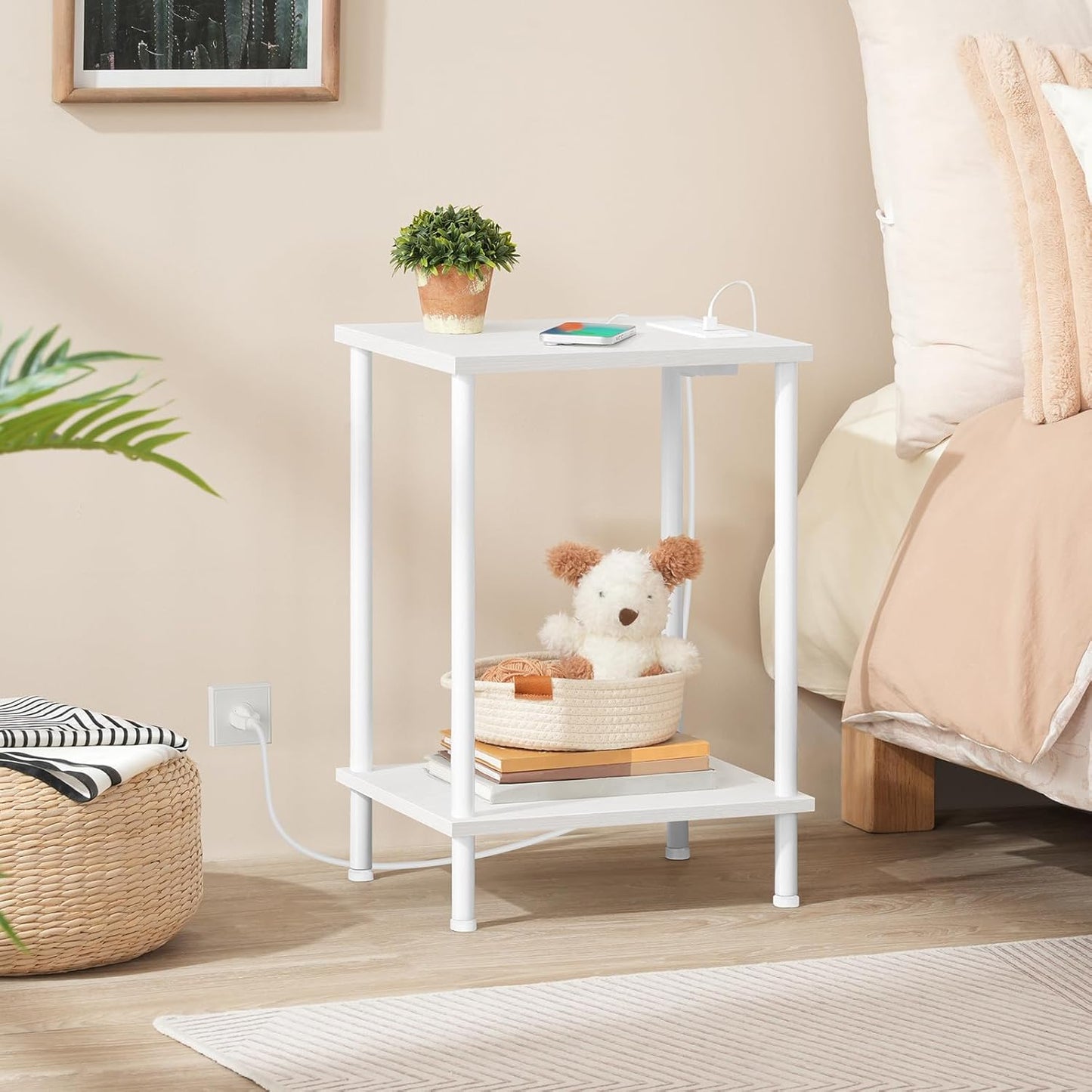 MTANK White Bedside End Table with Charging Port—2 Tier Small Nightstand with Open Storage Shelf with USB Ports and Outlets||