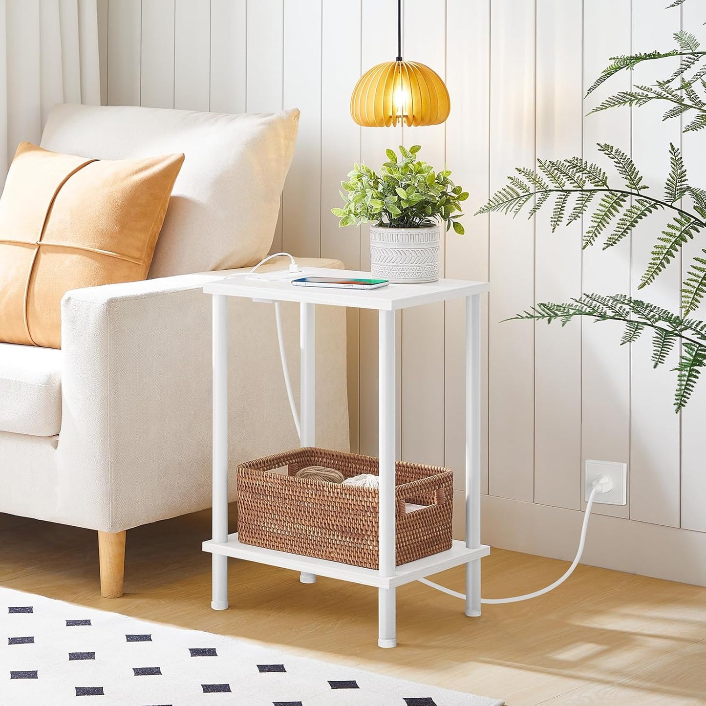 MTANK White Bedside End Table with Charging Port—2 Tier Small Nightstand with Open Storage Shelf with USB Ports and Outlets||