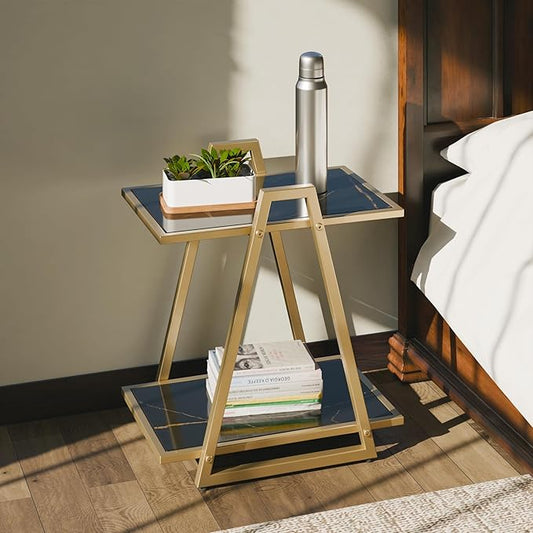 MTANK Gray&Gold End Table| Marble Finish Luxury, Premium Side Table for Bedroom Living Room|(Triangle-G)