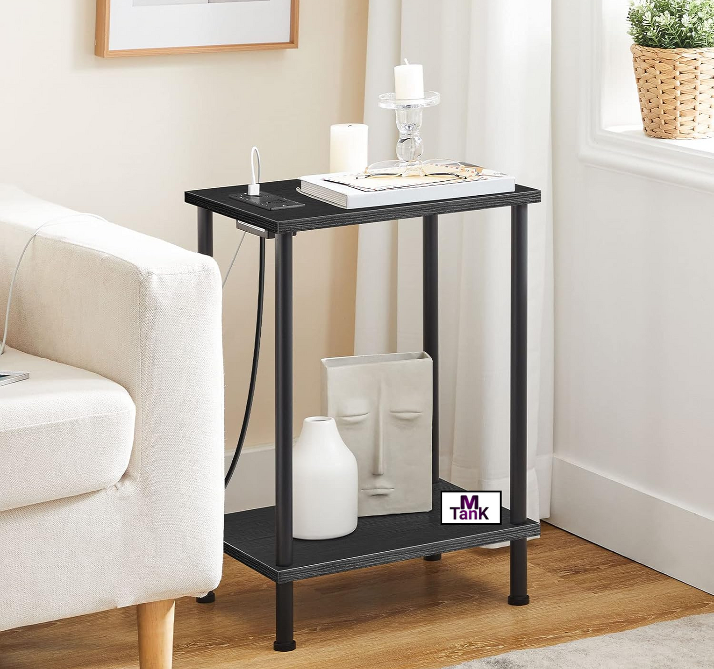 MTANK Black Sofa side End Table with Charging Port—2 Tier Small Couch Table with Open Storage Shelf with USB Ports and Outlets||